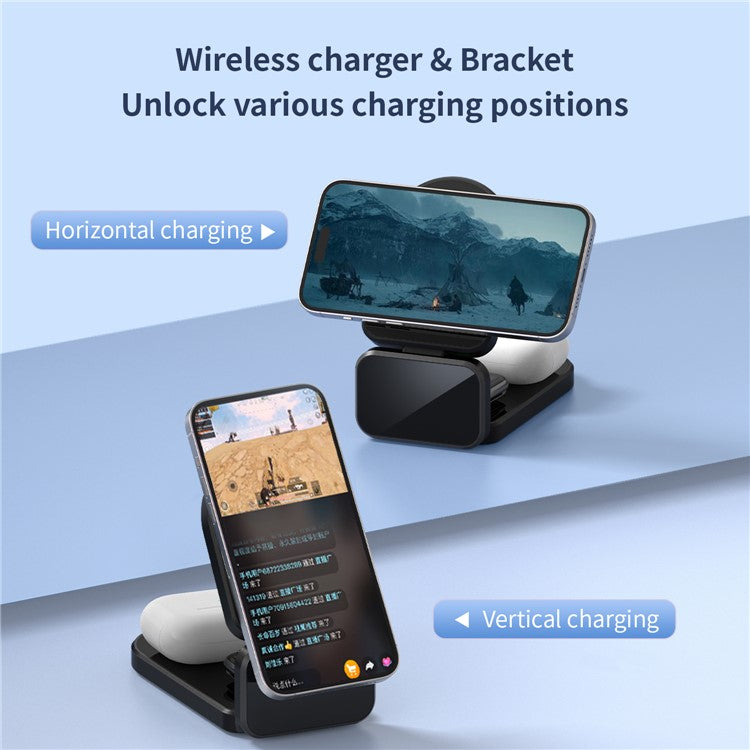 H09 Watch / Earphone / Cellphone 3-in-1 Desktop Charging Stand Foldable Magnetic Wireless Charger - Black