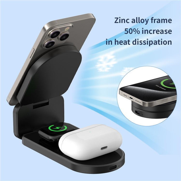 H09 Watch / Earphone / Cellphone 3-in-1 Desktop Charging Stand Foldable Magnetic Wireless Charger - Black