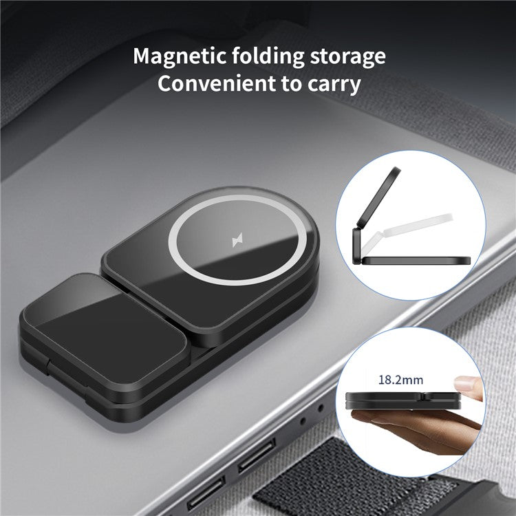 H09 Watch / Earphone / Cellphone 3-in-1 Desktop Charging Stand Foldable Magnetic Wireless Charger - Black