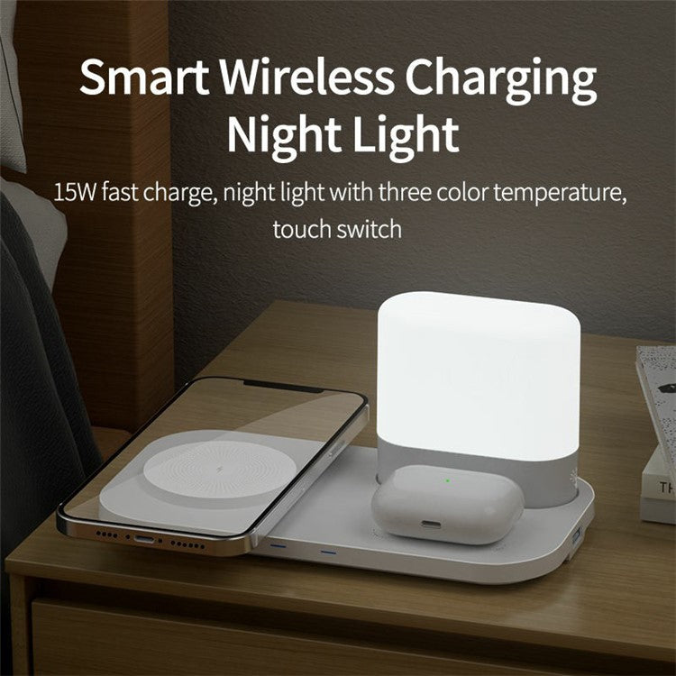 Phone Charging Station Earphone Wireless Charger Nightstand Lamp Home Decoration Birthday Gift - White