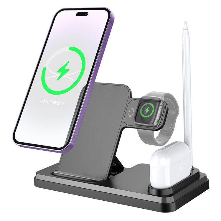 HT-504 For iPhone AirPods Apple Watch 15W Wireless Charger Fast Charging Stand with Pen Holder - Black