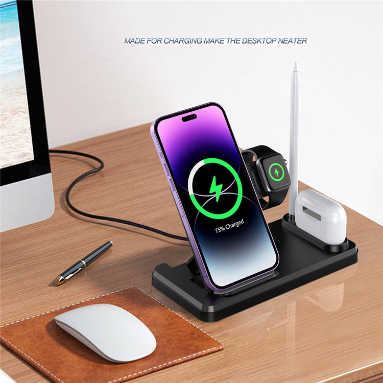 HT-504 For iPhone AirPods Apple Watch 15W Wireless Charger Fast Charging Stand with Pen Holder - Black