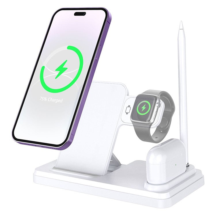 HT-504 For iPhone AirPods Apple Watch 15W Wireless Charger Fast Charging Stand with Pen Holder - White