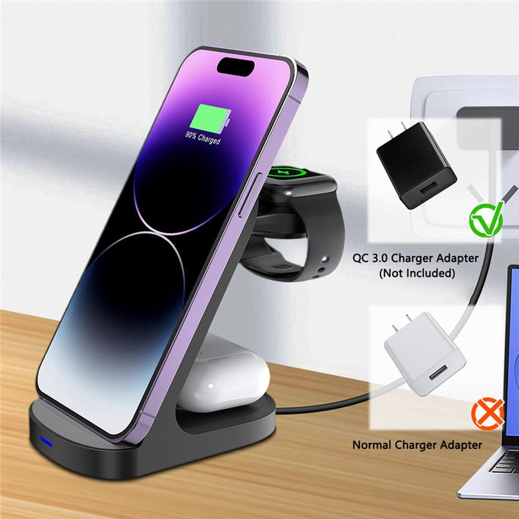 HT-512 For iPhone AirPods Apple Watch 15W Wireless Charger Fast Charging Stand Desk Phone Holder - Black