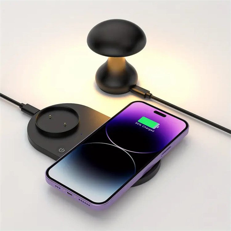 HT-513 2-In-1 Mushroom Night Lamp Wireless Charger Bedside Light - Black