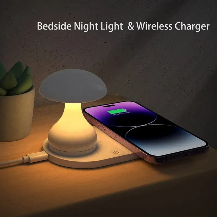 HT-513 2-In-1 Mushroom Night Lamp Wireless Charger Bedside Light - Black