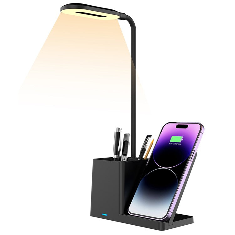 HT-330 3-in-1 15W Phone Holder Wireless Charger Pen Holder Gooseneck LED Table Lamp - Black