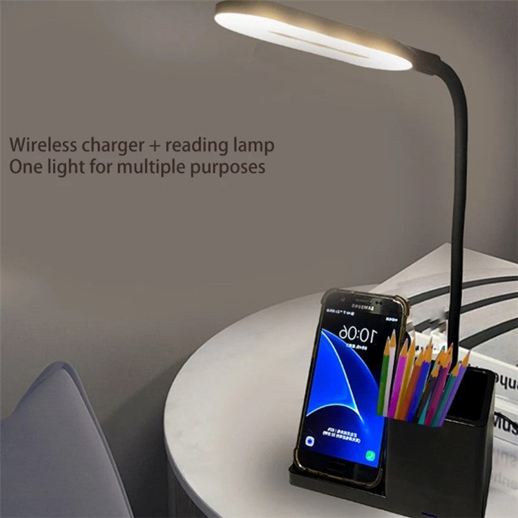 HT-330 3-in-1 15W Phone Holder Wireless Charger Pen Holder Gooseneck LED Table Lamp - Black