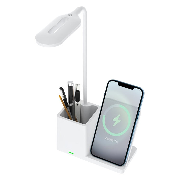 HT-330 3-in-1 15W Phone Holder Wireless Charger Pen Holder Gooseneck LED Table Lamp - White