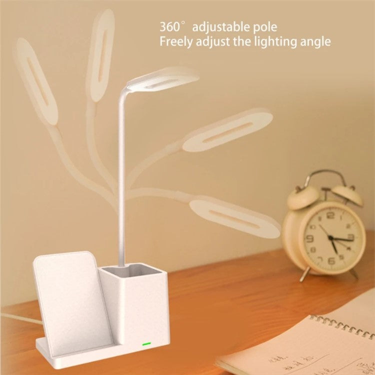 HT-330 3-in-1 15W Phone Holder Wireless Charger Pen Holder Gooseneck LED Table Lamp - White