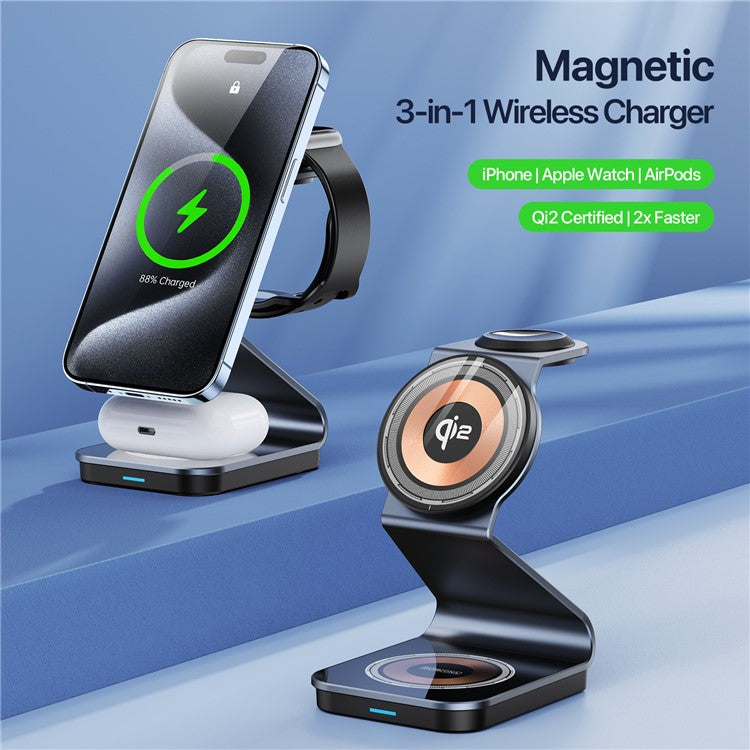 DUZZONA W21 3-in-1 15W Wireless Charging Stand Phone Earphone Watch Charger (Qi2 Certified) for iPhone 16 Series / Apple Watch 10 / AirPods 4