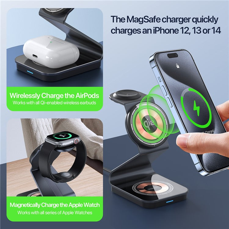 DUZZONA W21 3-in-1 15W Wireless Charging Stand Phone Earphone Watch Charger (Qi2 Certified) for iPhone 16 Series / Apple Watch 10 / AirPods 4