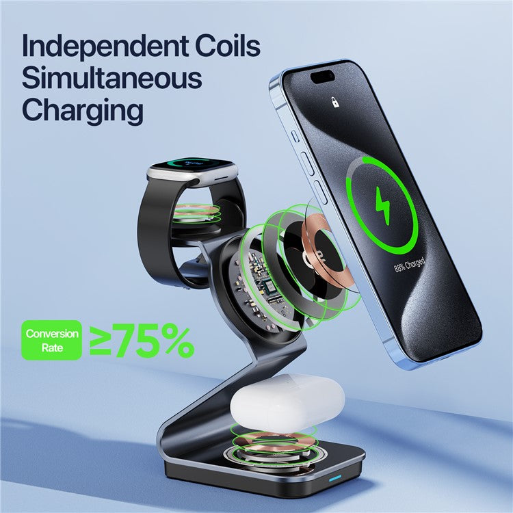 DUZZONA W21 3-in-1 15W Wireless Charging Stand Phone Earphone Watch Charger (Qi2 Certified) for iPhone 16 Series / Apple Watch 10 / AirPods 4