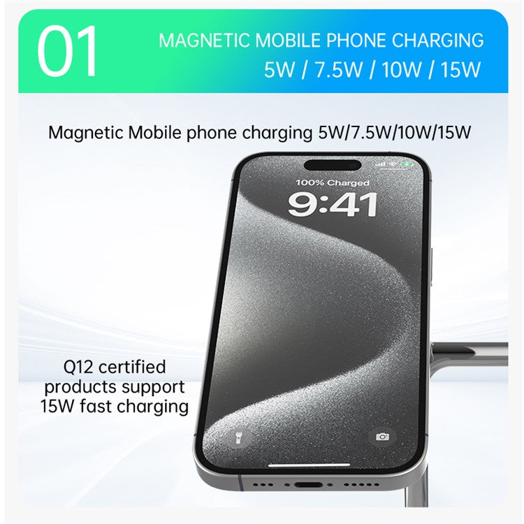 T255 Watch / Earphone / Cellphone 3-in-1 Desktop Charging Stand Qi2 15W Magnetic Wireless Charger - White