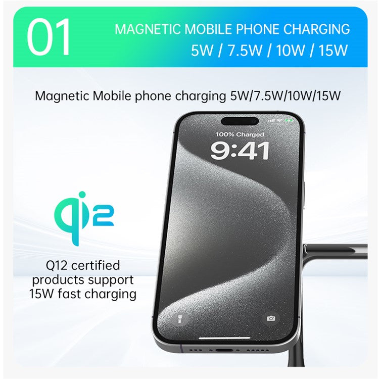 T255 Watch / Earphone / Cellphone 3-in-1 Desktop Charging Stand Qi2 15W Magnetic Wireless Charger - Black