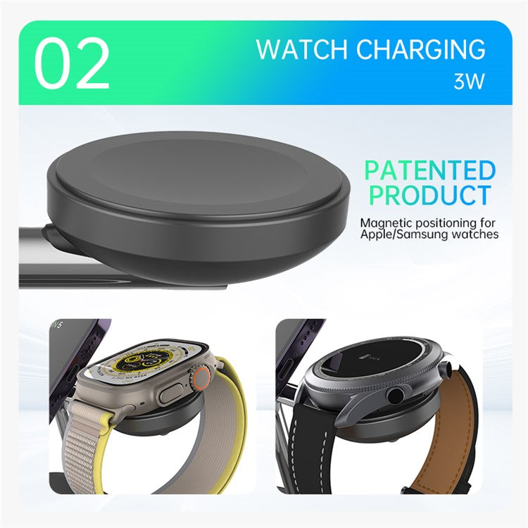 T255 Watch / Earphone / Cellphone 3-in-1 Desktop Charging Stand Qi2 15W Magnetic Wireless Charger - Black