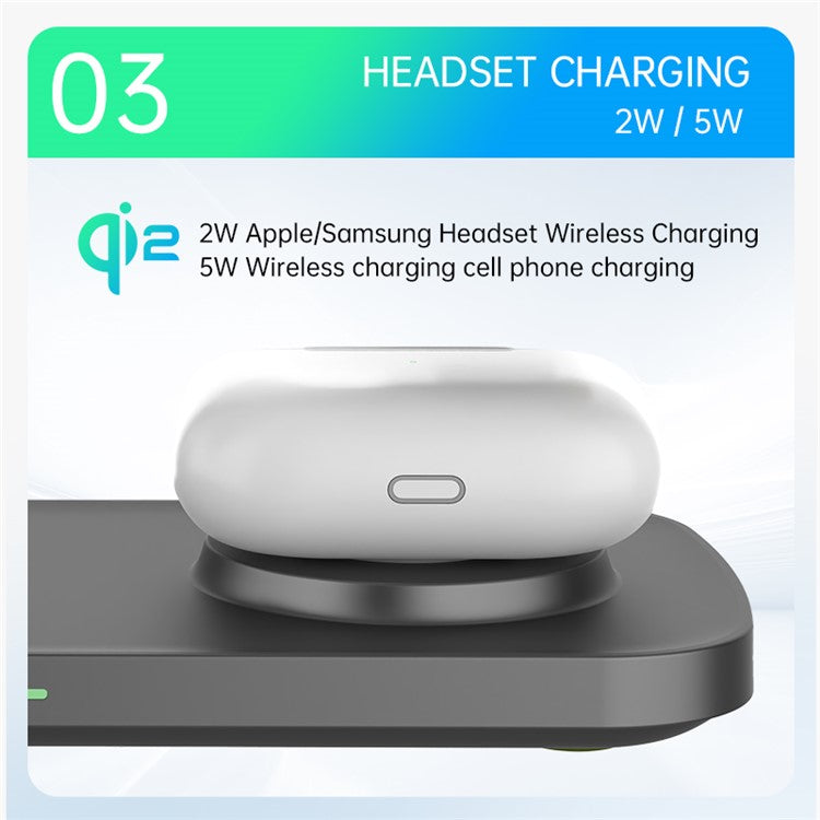 T255 Watch / Earphone / Cellphone 3-in-1 Desktop Charging Stand Qi2 15W Magnetic Wireless Charger - Black