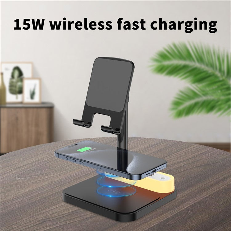 HT-531 15W Wireless Charger with Night Light Phone Bracket USB + Type-C Power Socket - Black