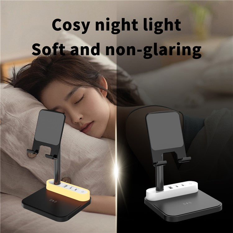 HT-531 15W Wireless Charger with Night Light Phone Bracket USB + Type-C Power Socket - Black