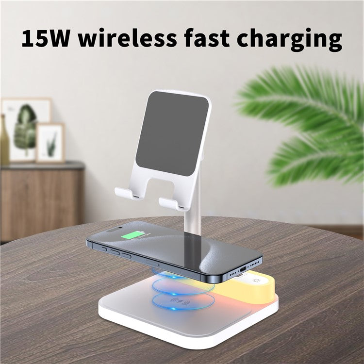 HT-531 15W Wireless Charger with Night Light Phone Bracket USB + Type-C Power Socket - White