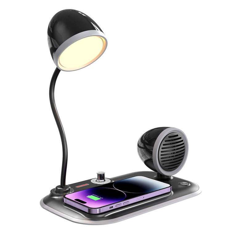 HT-310 3-in-1 15W Wireless Charger 3 Light Modes LED Desk Lamp with Bluetooth Speaker - Black