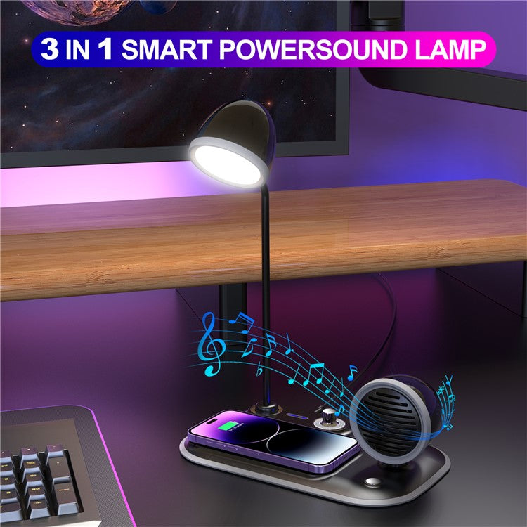 HT-310 3-in-1 15W Wireless Charger 3 Light Modes LED Desk Lamp with Bluetooth Speaker - Black