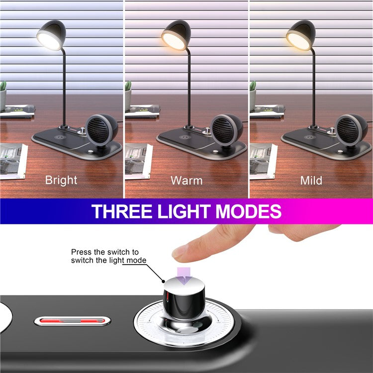 HT-310 3-in-1 15W Wireless Charger 3 Light Modes LED Desk Lamp with Bluetooth Speaker - Black