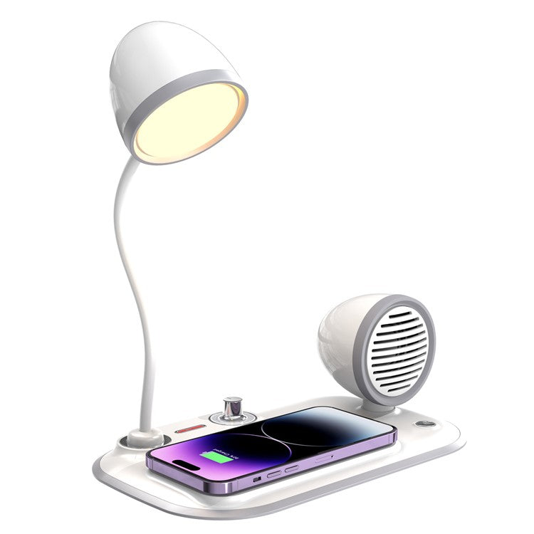 HT-310 3-in-1 15W Wireless Charger 3 Light Modes LED Desk Lamp with Bluetooth Speaker - White