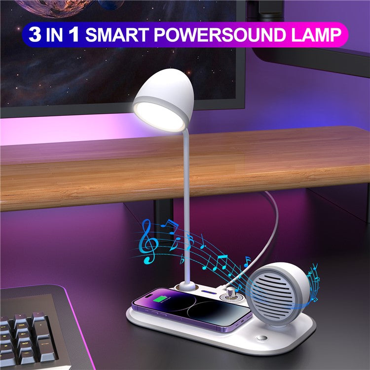 HT-310 3-in-1 15W Wireless Charger 3 Light Modes LED Desk Lamp with Bluetooth Speaker - White