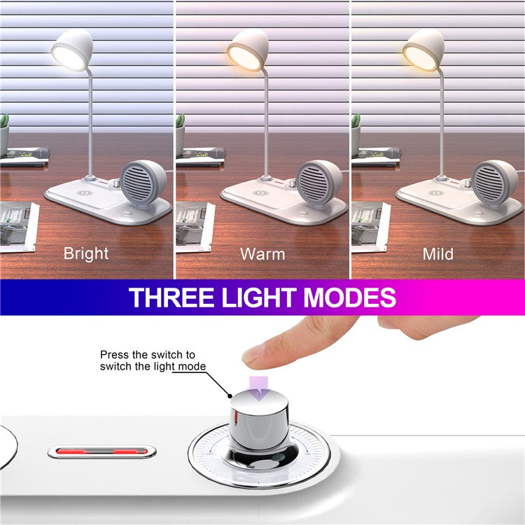 HT-310 3-in-1 15W Wireless Charger 3 Light Modes LED Desk Lamp with Bluetooth Speaker - White