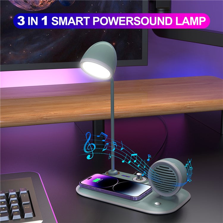 HT-310 3-in-1 15W Wireless Charger 3 Light Modes LED Desk Lamp with Bluetooth Speaker - Blackish Green