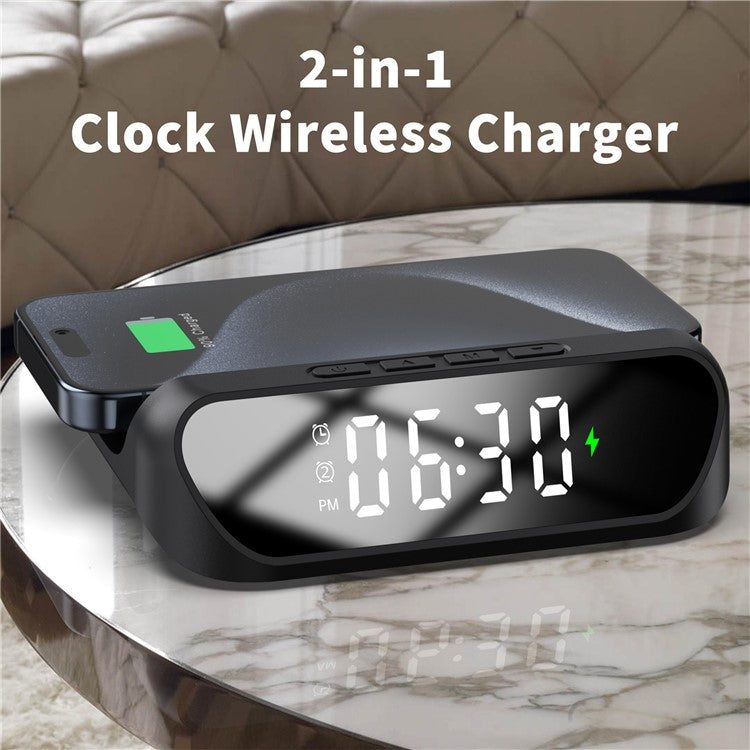 HT-331 2-in-1 15W Desktop Wireless Charger Dimmable Alarm Clock with Snooze Function - Black