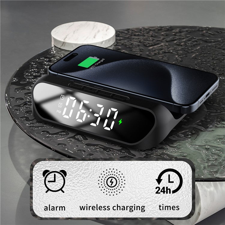 HT-331 2-in-1 15W Desktop Wireless Charger Dimmable Alarm Clock with Snooze Function - Black