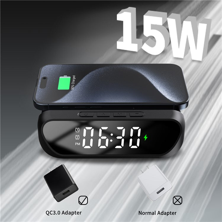 HT-331 2-in-1 15W Desktop Wireless Charger Dimmable Alarm Clock with Snooze Function - Black