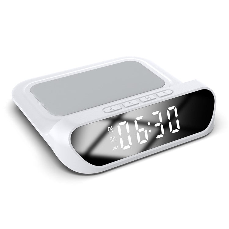 HT-331 2-in-1 15W Desktop Wireless Charger Dimmable Alarm Clock with Snooze Function - White