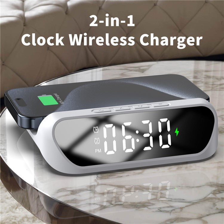 HT-331 2-in-1 15W Desktop Wireless Charger Dimmable Alarm Clock with Snooze Function - White