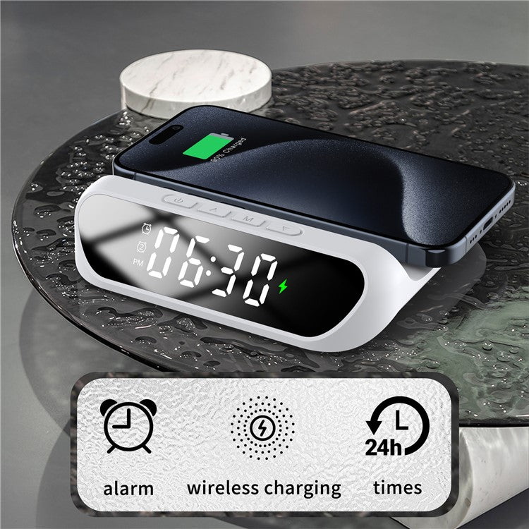 HT-331 2-in-1 15W Desktop Wireless Charger Dimmable Alarm Clock with Snooze Function - White