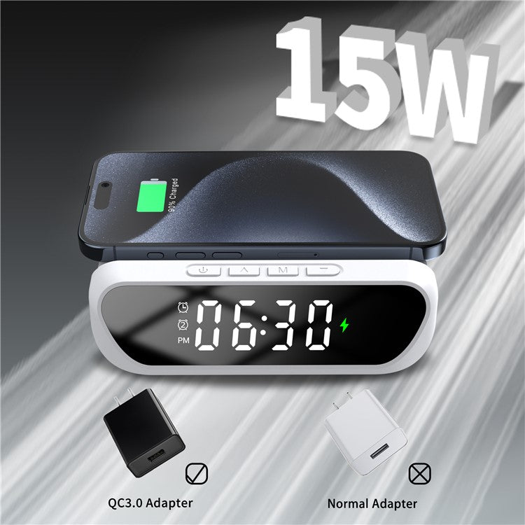 HT-331 2-in-1 15W Desktop Wireless Charger Dimmable Alarm Clock with Snooze Function - White