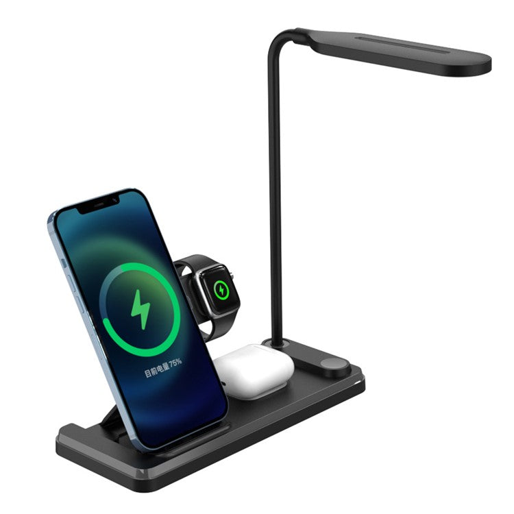 HT-503 Folding 15W Wireless Charger for Phone / Watch / Earbuds with Touch Control LED Table Lamp - Black