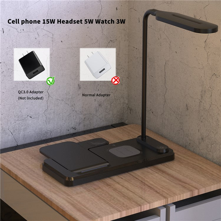 HT-503 Folding 15W Wireless Charger for Phone / Watch / Earbuds with Touch Control LED Table Lamp - Black