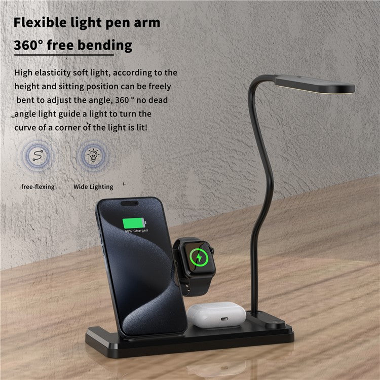 HT-503 Folding 15W Wireless Charger for Phone / Watch / Earbuds with Touch Control LED Table Lamp - Black