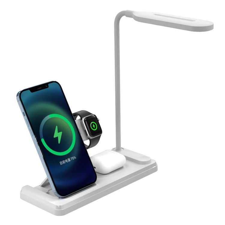 HT-503 Folding 15W Wireless Charger for Phone / Watch / Earbuds with Touch Control LED Table Lamp - White