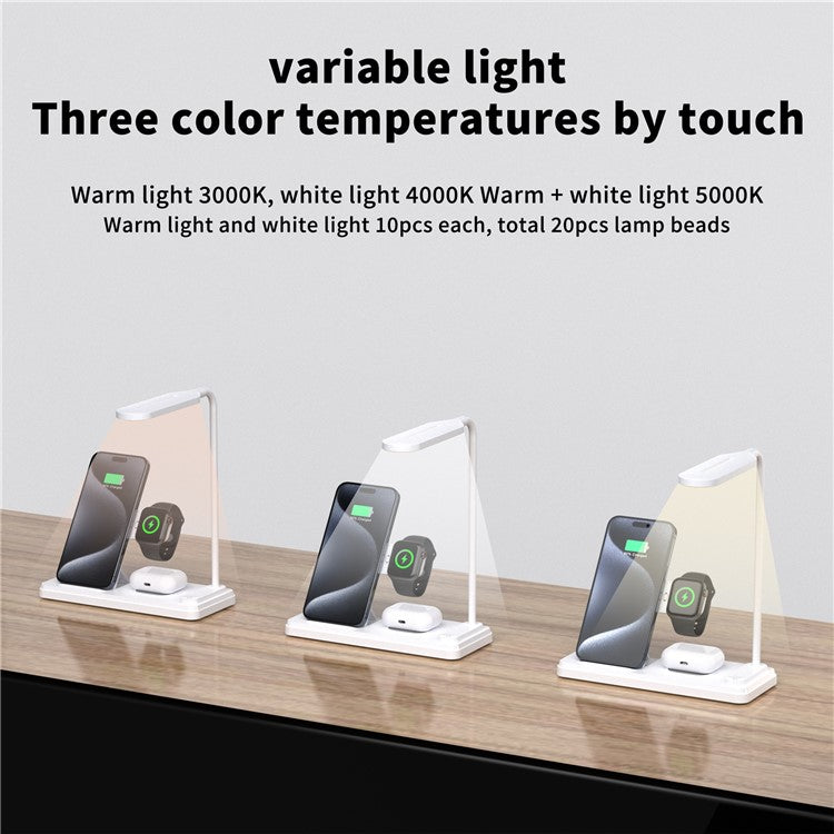 HT-503 Folding 15W Wireless Charger for Phone / Watch / Earbuds with Touch Control LED Table Lamp - White