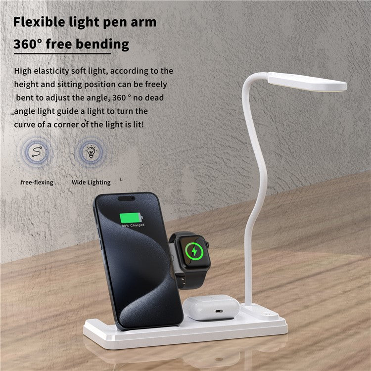 HT-503 Folding 15W Wireless Charger for Phone / Watch / Earbuds with Touch Control LED Table Lamp - White