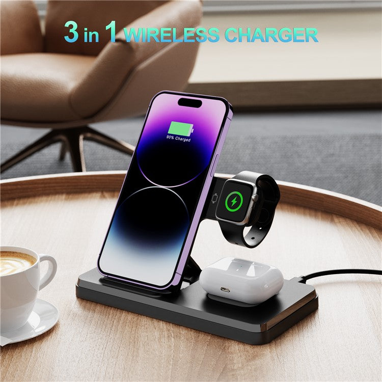 HT-514 3-in-1 Foldable Charging Dock 15W Wireless Charger for Phone / Watch / Earbuds - Black