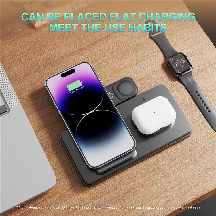 HT-514 3-in-1 Foldable Charging Dock 15W Wireless Charger for Phone / Watch / Earbuds - Black