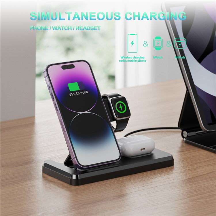 HT-514 3-in-1 Foldable Charging Dock 15W Wireless Charger for Phone / Watch / Earbuds - Black