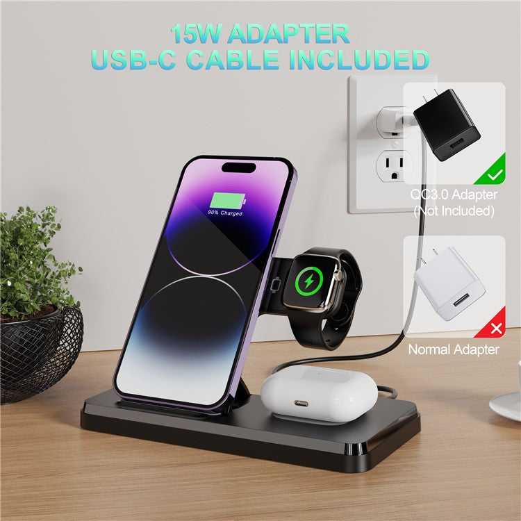 HT-514 3-in-1 Foldable Charging Dock 15W Wireless Charger for Phone / Watch / Earbuds - Black