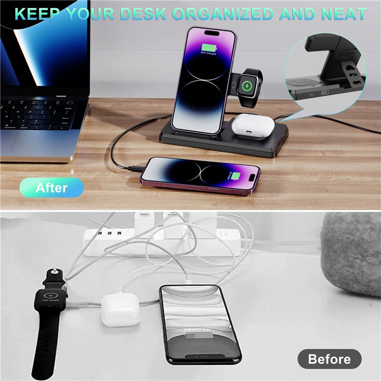 HT-514 3-in-1 Foldable Charging Dock 15W Wireless Charger for Phone / Watch / Earbuds - Black