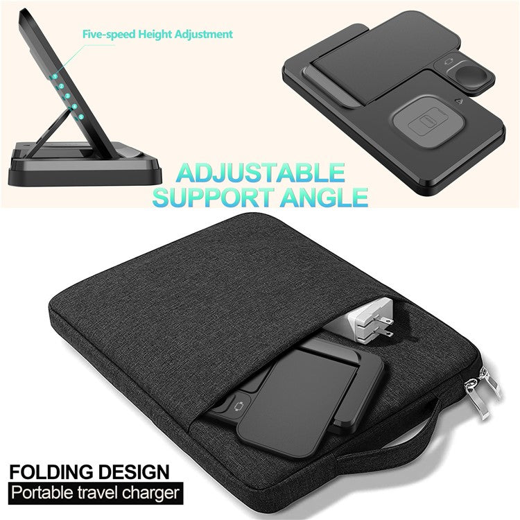 HT-514 3-in-1 Foldable Charging Dock 15W Wireless Charger for Phone / Watch / Earbuds - Black